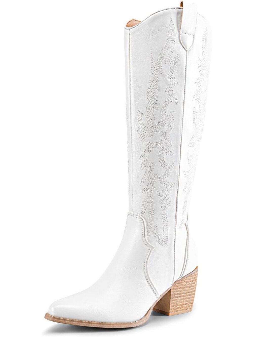 Womens White Wide Calf Pull On Zipper Chunky Heel Western Cowgirl Knee High Boot